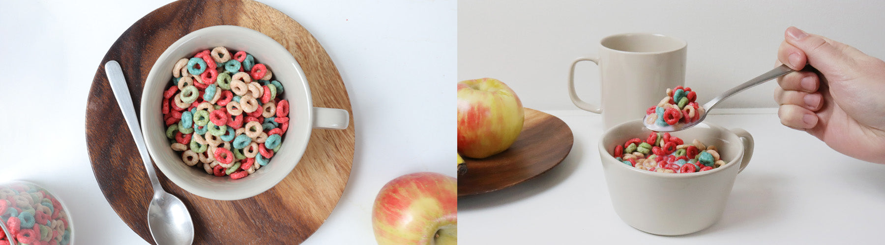 Top view of cereal mug filled with colourful cereal; Spoonful of cereal being lifted out of a mug. 