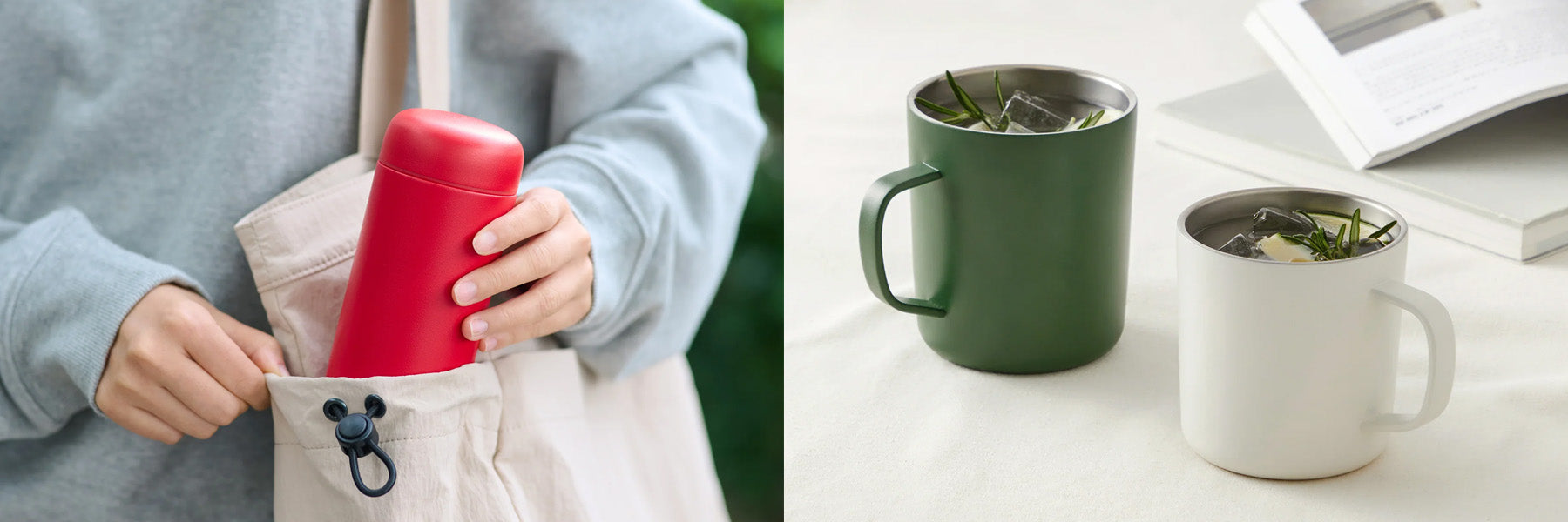 Drinkware - Red bottle being put into a tote bag; Green & White Stainless Steel Travel Mugs on a table. 