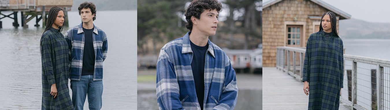 Flannel Collection 2026- Male & Female model in MUJI Flannel standing by the dock. 