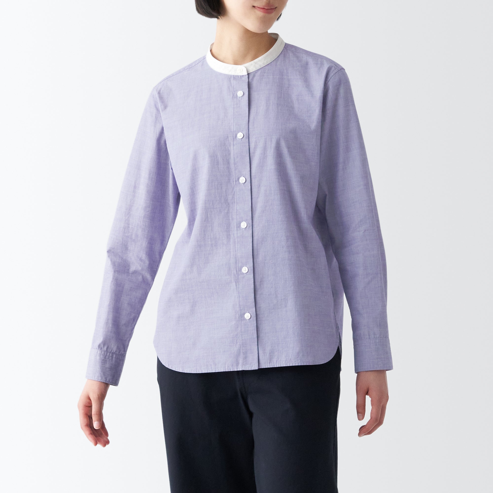 Women's Washed Broad Stand Collar Long Sleeve Shirt