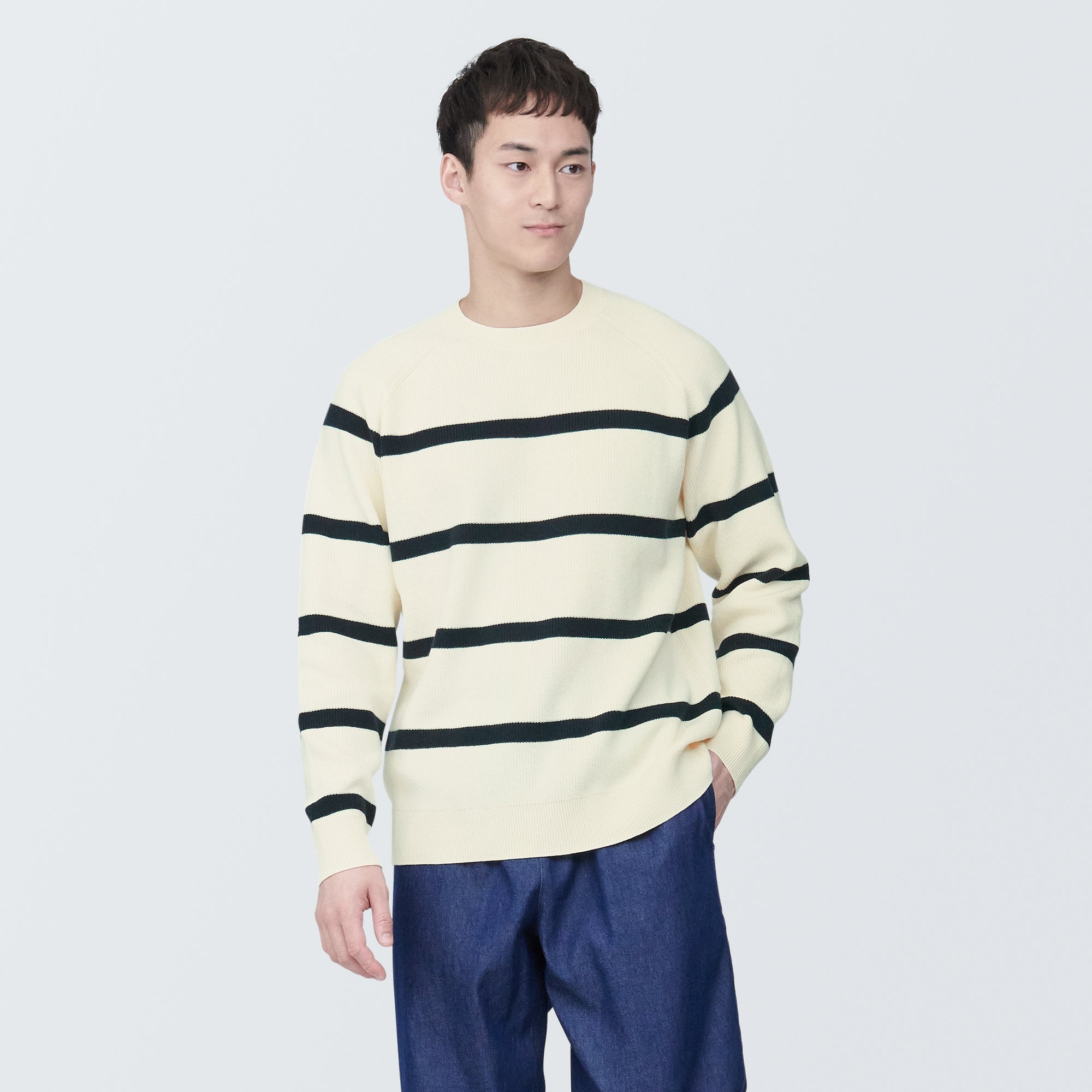 Men's Washable Ribbed Striped Crew Neck Sweater