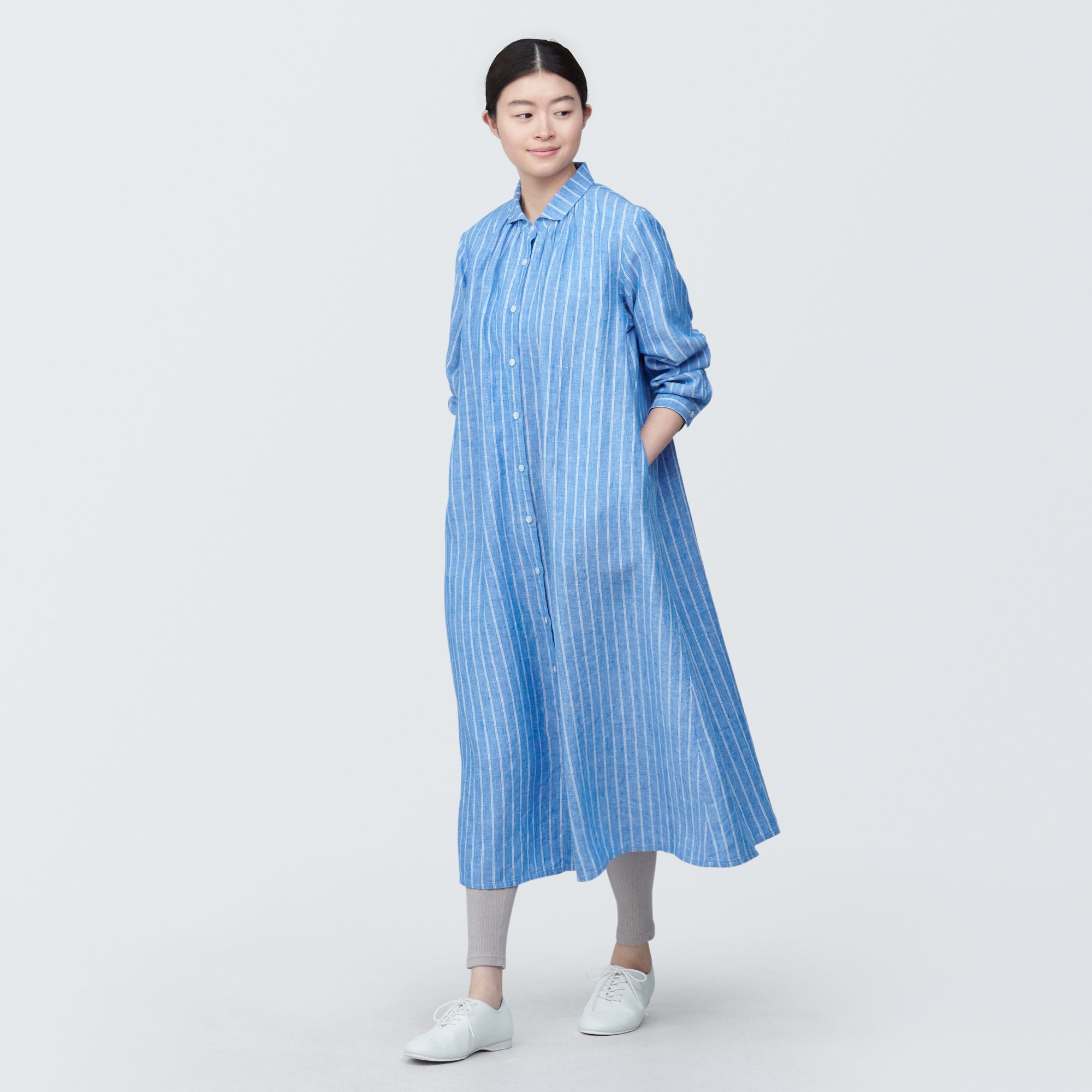 Women's Washed Linen Long Sleeve Striped Shirt Dress