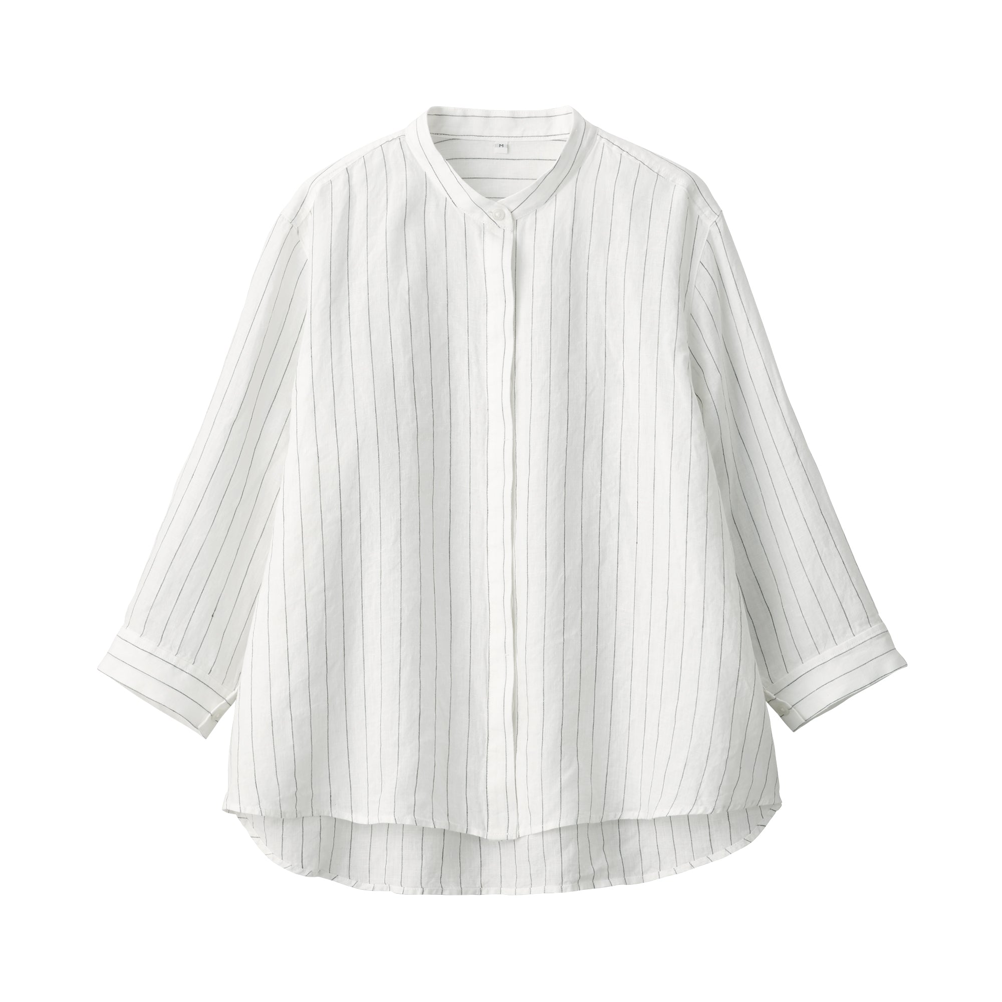 Women's Washed Linen Stand Collar 3/4 Sleeve Striped Blouse