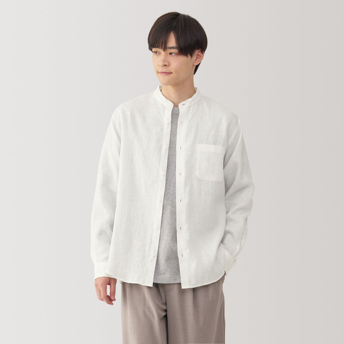 Men's Washed Linen Stand Collar Shirt | Spring Tops | MUJI Canada