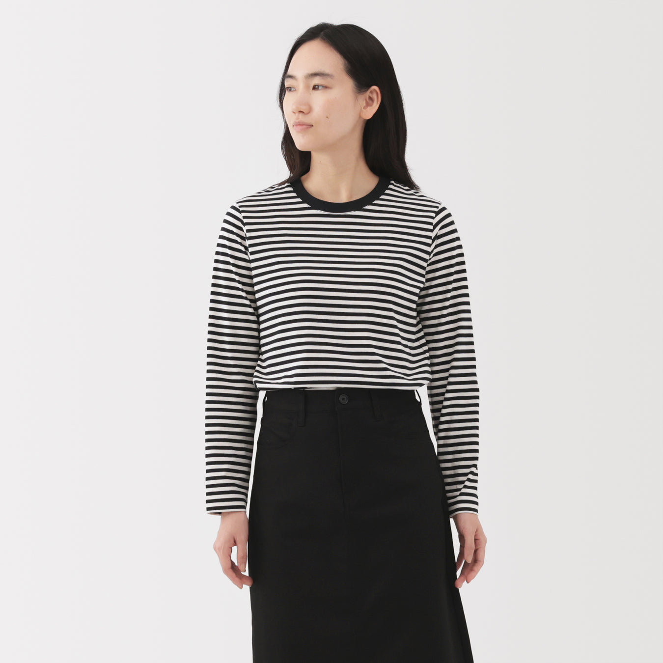 Jersey Crew Neck T-Shirt Black Stripe MUJI