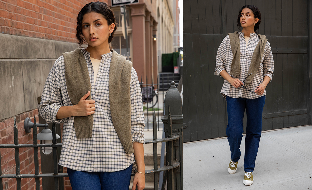 Woman wearing a Flannel Blouse and Blue Kapok Jeans.