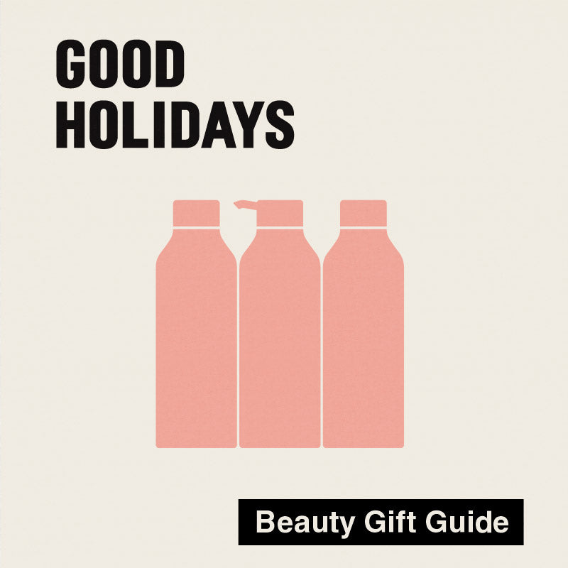 Three pink bottles on a beige background with 'Good Holidays' text and 'Beauty Gift Guide' label.
