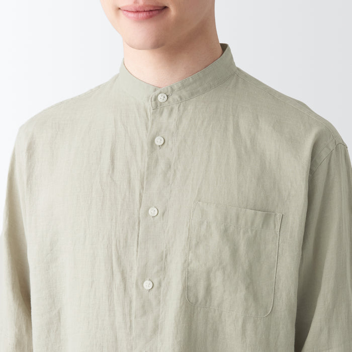 Men's Washed Hemp Stand Collar Long Sleeve Shirt