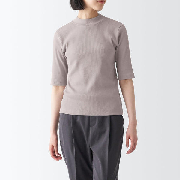 Women's Stretch Ribbed Mock Neck Half Sleeve T-Shirt | MUJI Canada